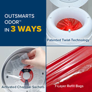 OUTSMARTS ODOR IN 3 WAYS
1.  Patented Twist Technology
2.  Activated Charcoal Sachets
3.  7-Layer Refill Bag